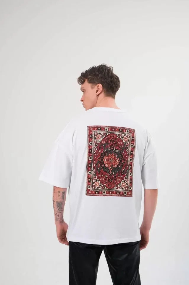 Unisex Bisiklet Yaka Baskılı Oversize T-Shirt - Beyaz (102880)