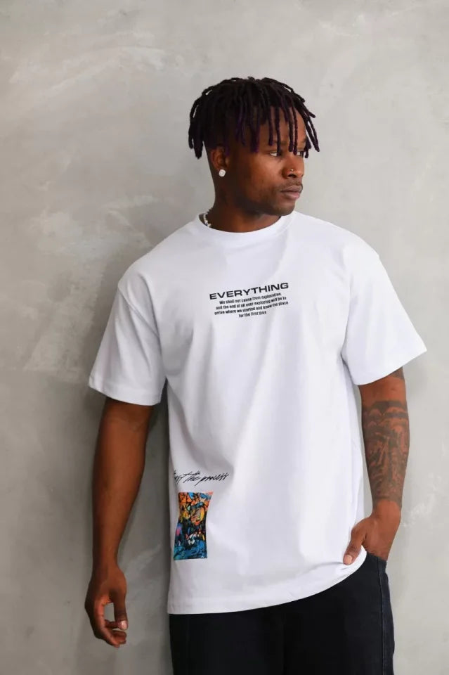 Unisex Bisiklet Yaka Baskılı Oversize T-Shirt - Beyaz (103369)