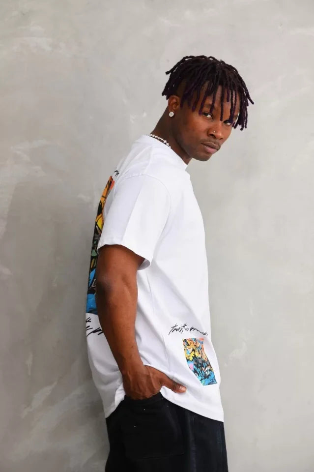 Unisex Bisiklet Yaka Baskılı Oversize T-Shirt - Beyaz (103369)