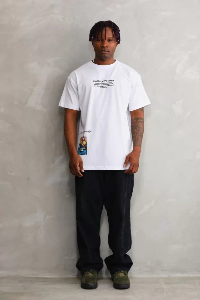 Unisex Bisiklet Yaka Baskılı Oversize T-Shirt - Beyaz (103369)