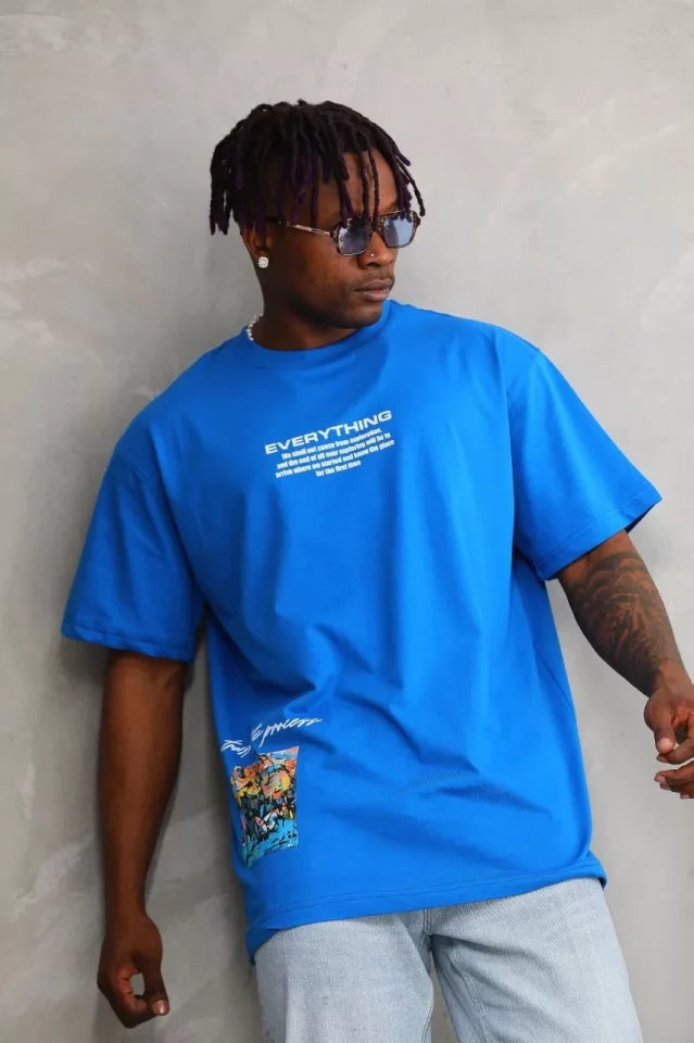 Unisex Bisiklet Yaka Baskılı Oversize T-Shirt - Mavi (103371)