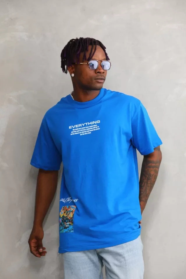 Unisex Bisiklet Yaka Baskılı Oversize T-Shirt - Mavi (103371)