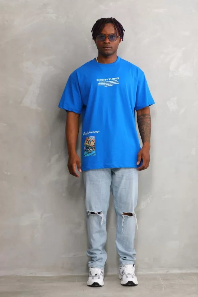 Unisex Bisiklet Yaka Baskılı Oversize T-Shirt - Mavi (103371)