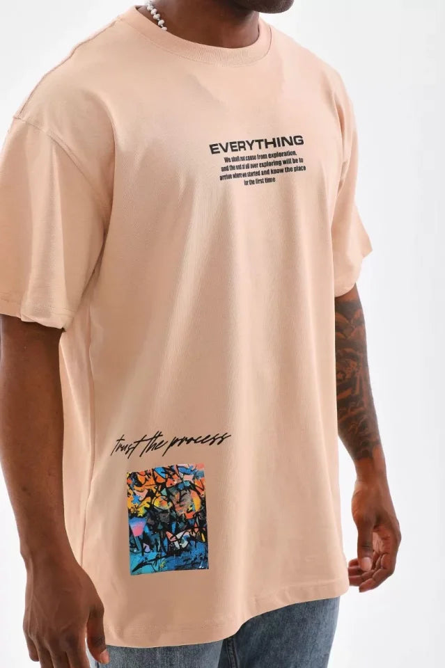 Unisex Bisiklet Yaka Baskılı Oversize T-Shirt - Bej (103373)