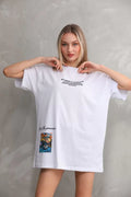 Unisex Bisiklet Yaka Baskılı Oversize T-Shirt - Beyaz (103397)