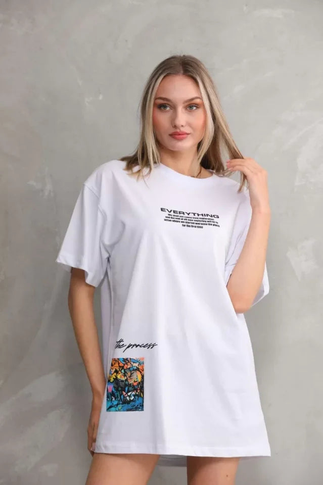 Unisex Bisiklet Yaka Baskılı Oversize T-Shirt - Beyaz (103397)