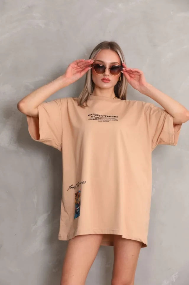 Unisex Bisiklet Yaka Baskılı Oversize T-Shirt - Bej (103399)