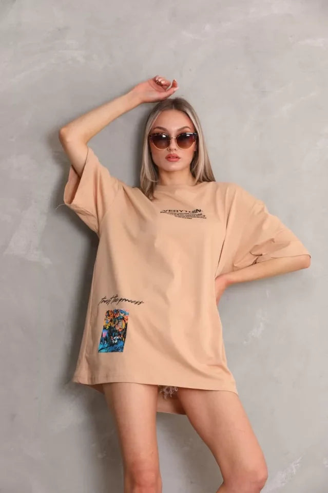 Unisex Bisiklet Yaka Baskılı Oversize T-Shirt - Bej (103399)