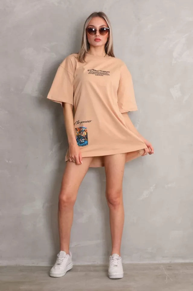 Unisex Bisiklet Yaka Baskılı Oversize T-Shirt - Bej (103399)