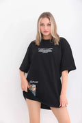 Unisex Bisiklet Yaka Baskılı Oversize T-Shirt - Siyah (103400)