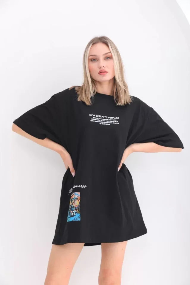 Unisex Bisiklet Yaka Baskılı Oversize T-Shirt - Siyah (103400)