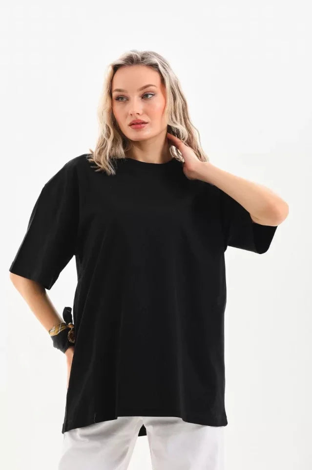 Unisex Bisiklet Yaka 20/1 Düz Oversize T-Shirt - Siyah (103508)