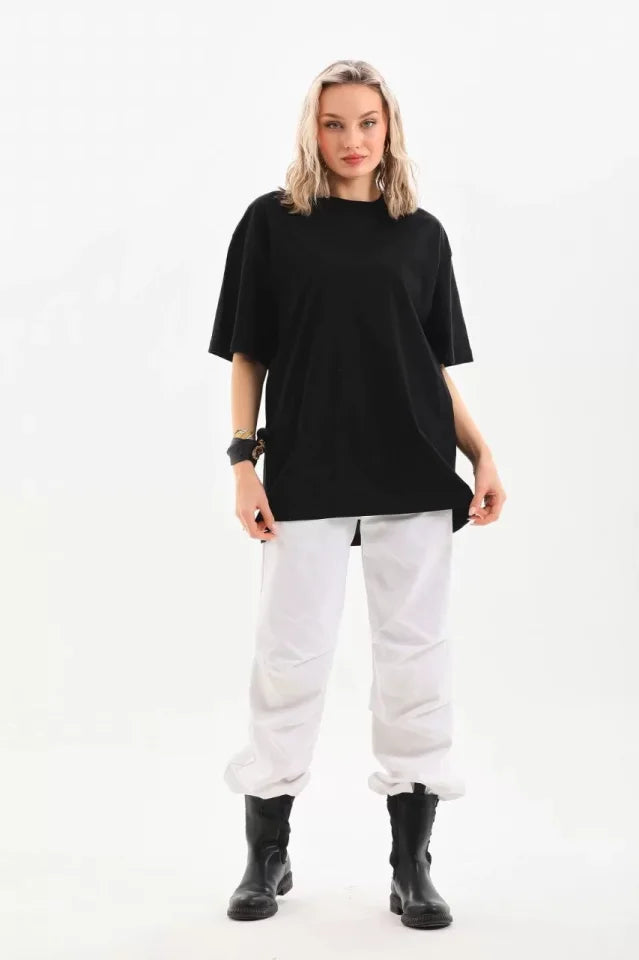 Unisex Bisiklet Yaka 20/1 Düz Oversize T-Shirt - Siyah (103508)