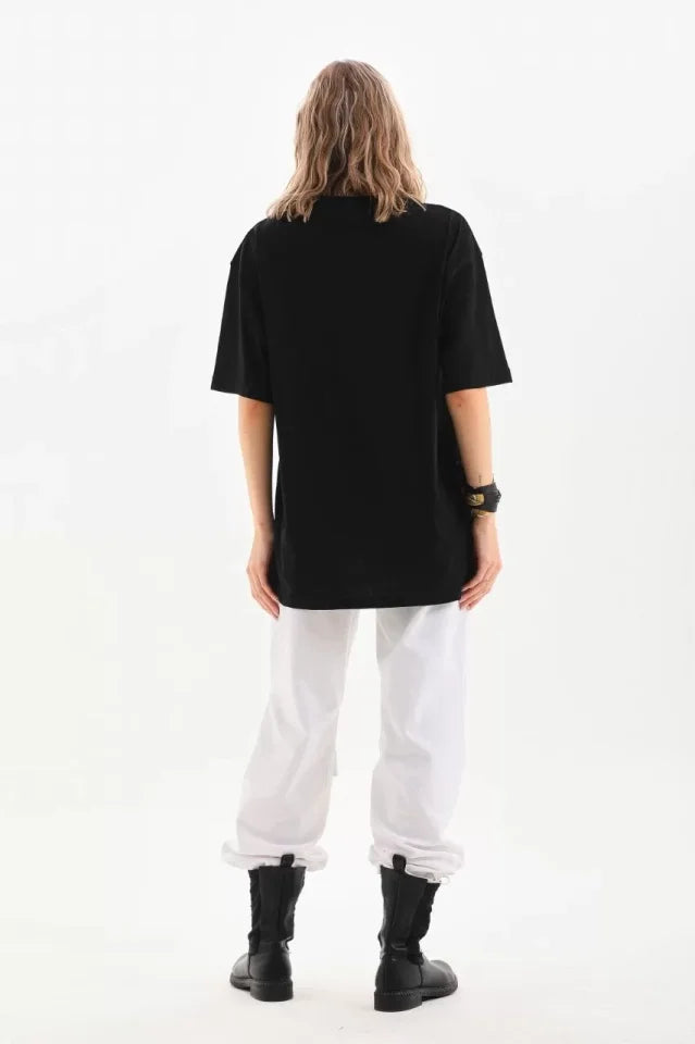 Unisex Bisiklet Yaka 20/1 Düz Oversize T-Shirt - Siyah (103508)
