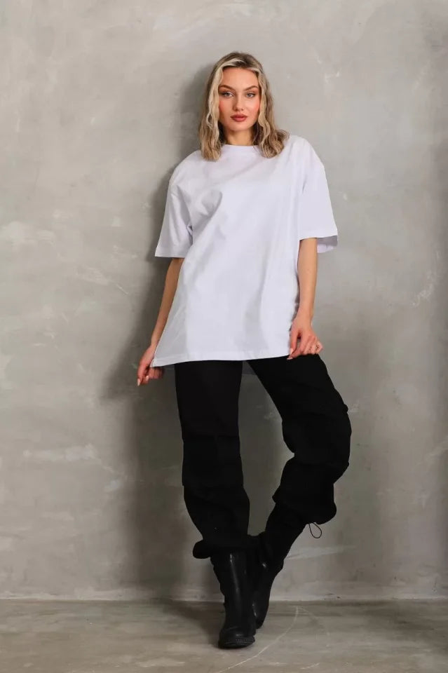 Unisex Bisiklet Yaka 20/1 Düz Oversize T-Shirt - Beyaz (103509)