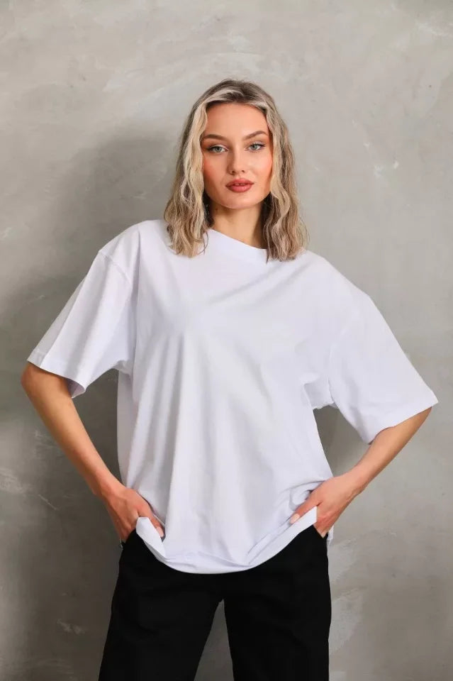 Unisex Bisiklet Yaka 20/1 Düz Oversize T-Shirt - Beyaz (103509)