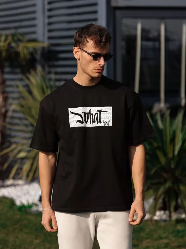 Unisex Bisiklet Yaka Baskılı Oversize T-Shirt - Siyah (103511)
