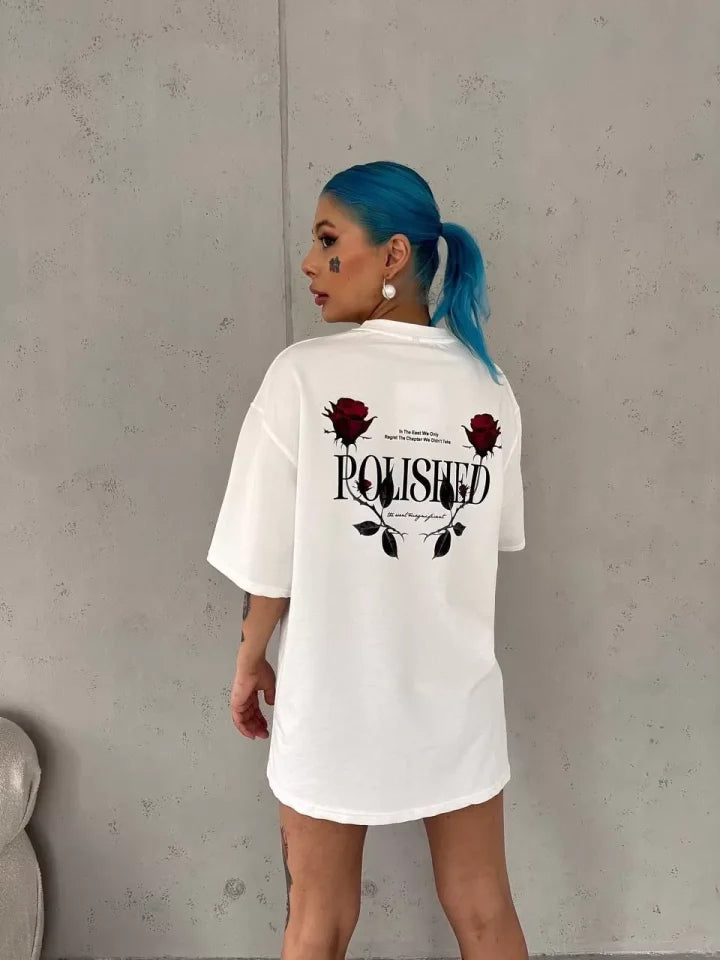 Unisex Bisiklet Yaka Baskılı Oversize T-Shirt - Beyaz (103523)