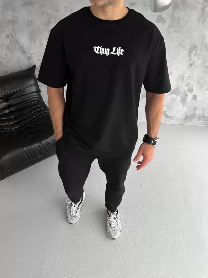 Unisex Bisiklet Yaka Baskılı Oversize T-Shirt - Siyah (103542)