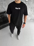 Unisex Bisiklet Yaka Baskılı Oversize T-Shirt - Siyah (103542)