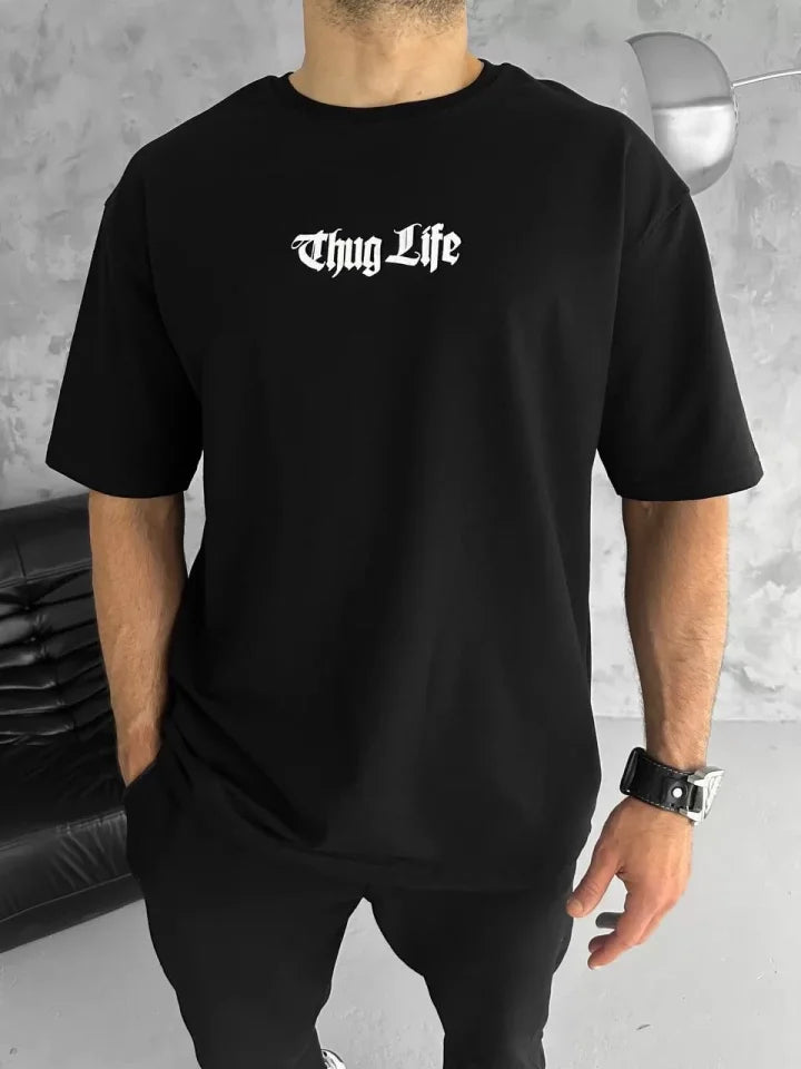 Unisex Bisiklet Yaka Baskılı Oversize T-Shirt - Siyah (103542)