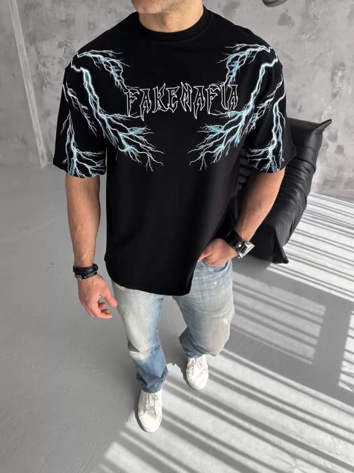 Unisex Bisiklet Yaka Baskılı Oversize T-Shirt-Siyah (103544)