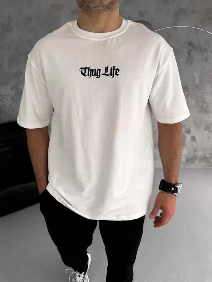 Unisex Bisiklet Yaka Baskılı Oversize T-Shirt - Beyaz (103545)