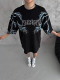 Unisex Bisiklet Yaka Baskılı Oversize T-Shirt - Siyah (103547)