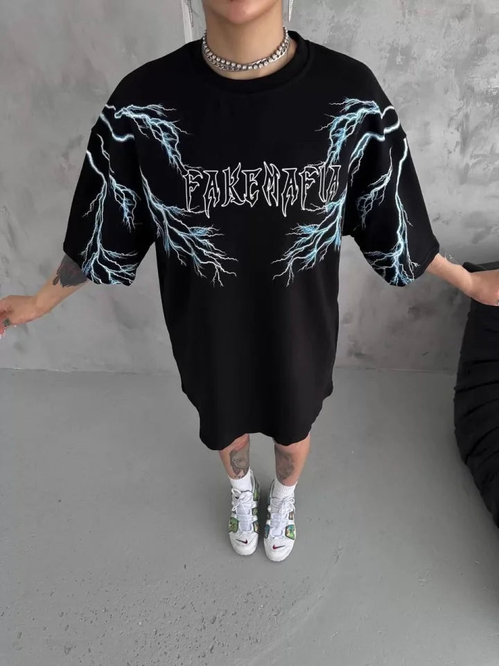 Unisex Bisiklet Yaka Baskılı Oversize T-Shirt - Siyah (103547)