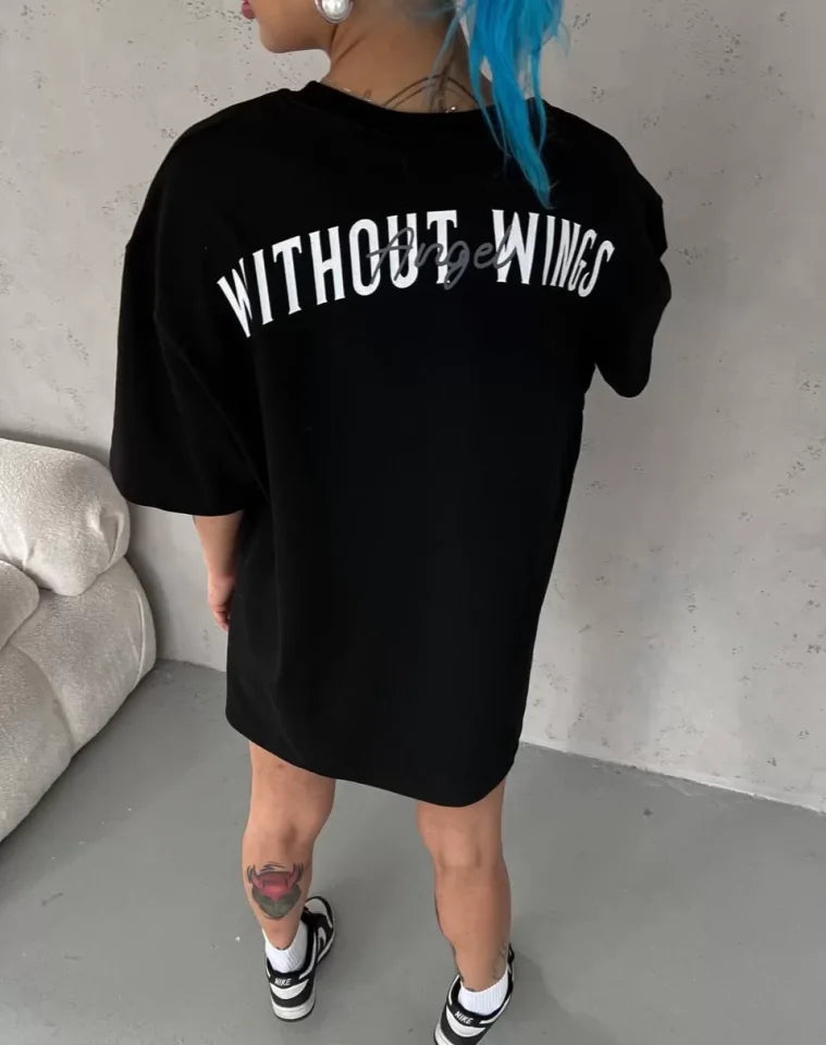 Unisex Bisiklet Yaka Baskılı Oversize T-Shirt - Siyah (103548)