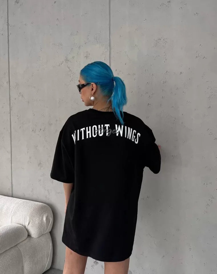 Unisex Bisiklet Yaka Baskılı Oversize T-Shirt - Siyah (103548)