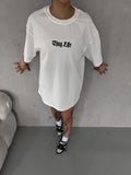Unisex Bisiklet Yaka Baskılı Oversize T-Shirt - Beyaz (103549)