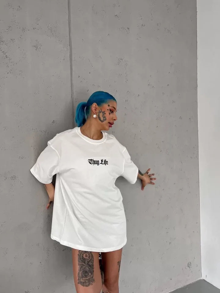 Unisex Bisiklet Yaka Baskılı Oversize T-Shirt - Beyaz (103549)