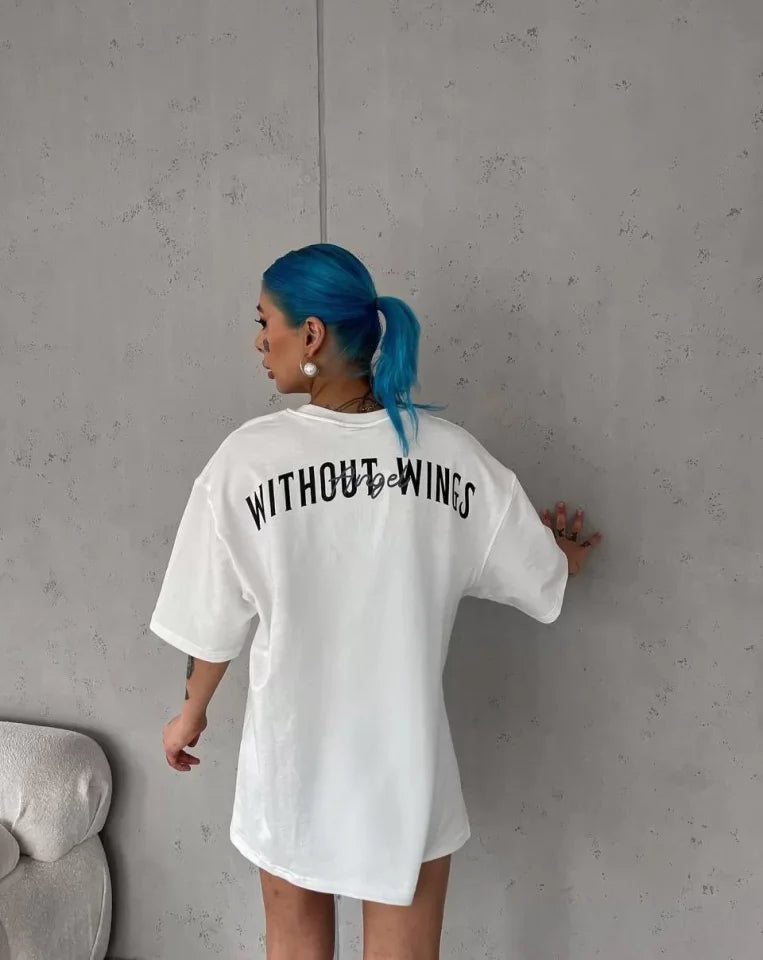 Unisex Bisiklet Yaka Baskılı Oversize T-Shirt - Beyaz (103549)