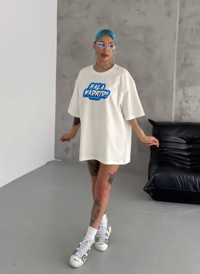 Unisex Bisiklet Yaka Baskılı Oversize T-Shirt - Beyaz (104327)
