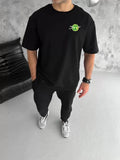 Unisex Bisiklet Yaka Baskılı Oversize T-Shirt - Siyah (104341)