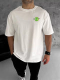 Unisex Bisiklet Yaka Baskılı Oversize T-Shirt - Beyaz (104342)