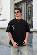 Unisex Bisiklet Yaka Baskılı Oversize T-Shirt - Siyah (104349)