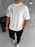 Unisex Bisiklet Yaka Baskılı Oversize T-Shirt - Beyaz (104350)