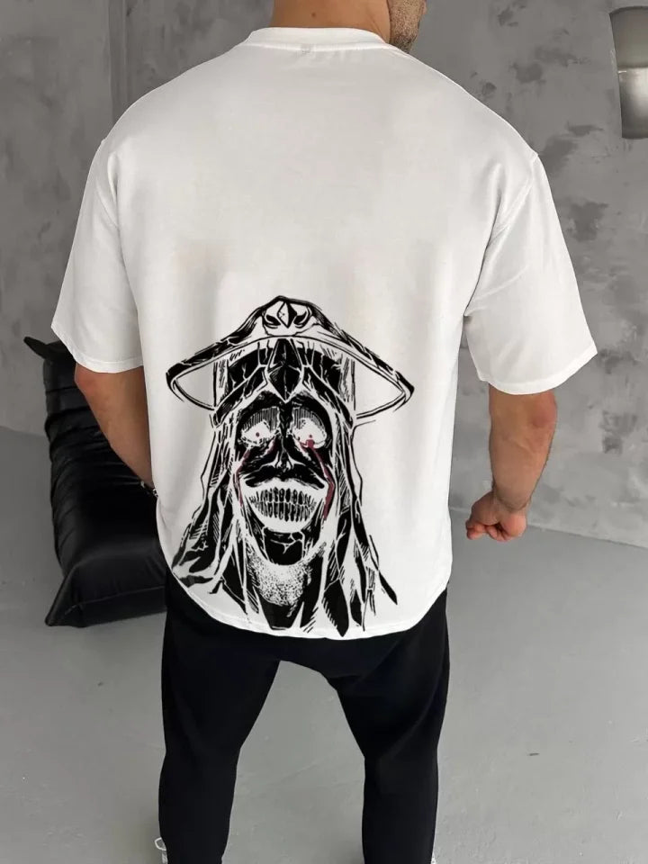 Unisex Bisiklet Yaka Baskılı Oversize T-Shirt - Beyaz (104350)