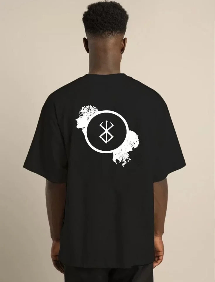 Unisex Bisiklet Yaka Baskılı Oversize T-Shirt - Siyah (104351)