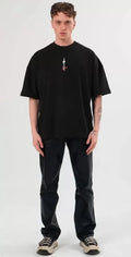 Unisex Bisiklet Yaka Baskılı Oversize T-Shirt - Siyah (104353)