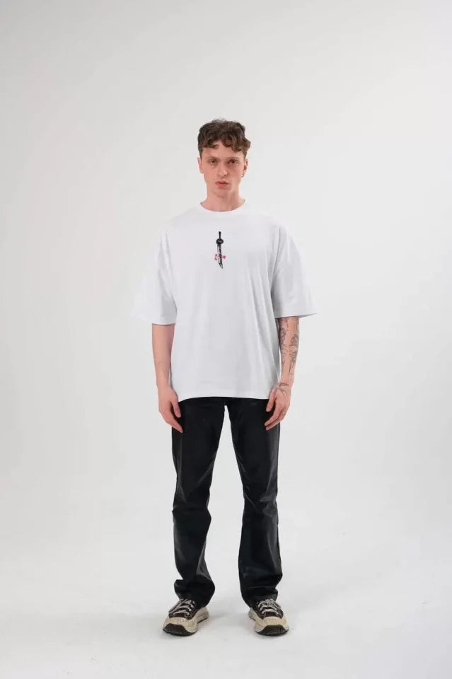 Unisex Bisiklet Yaka Baskılı Oversize T-Shirt - Beyaz (104354)