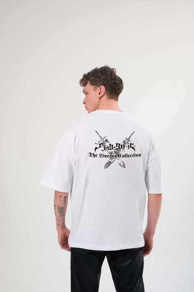 Unisex Bisiklet Yaka Baskılı Oversize T-Shirt - Beyaz (104356)