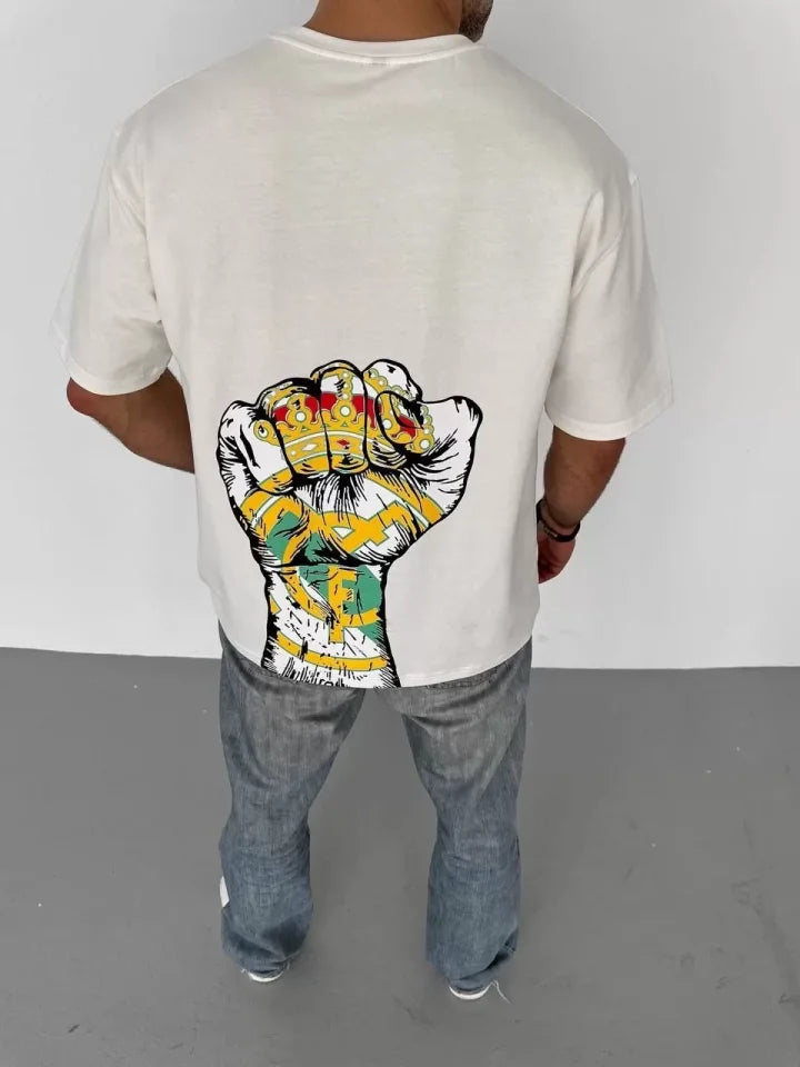 Unisex Bisiklet Yaka Baskılı Oversize T-Shirt - Beyaz (104358)