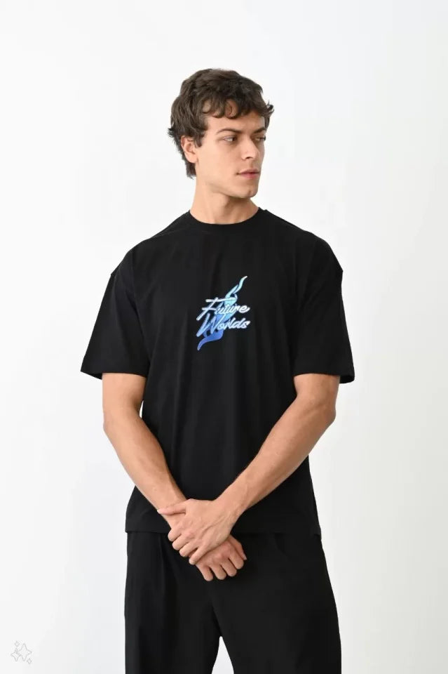 Unisex Bisiklet Yaka Baskılı Oversize T-Shirt - Siyah (104372)