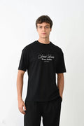 Unisex Bisiklet Yaka Baskılı Oversize T-Shirt - Siyah (104374)