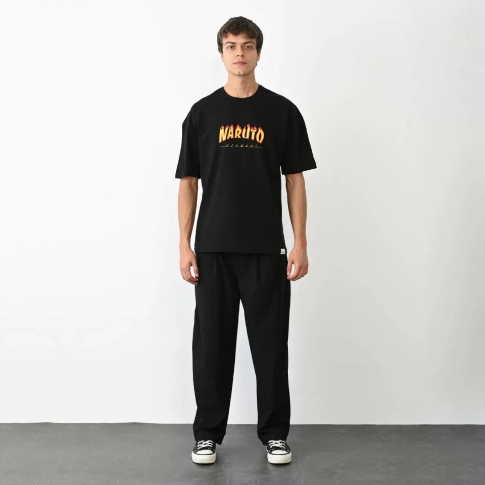 Unisex Bisiklet Yaka Baskılı Oversize T-Shirt - Siyah (104378)