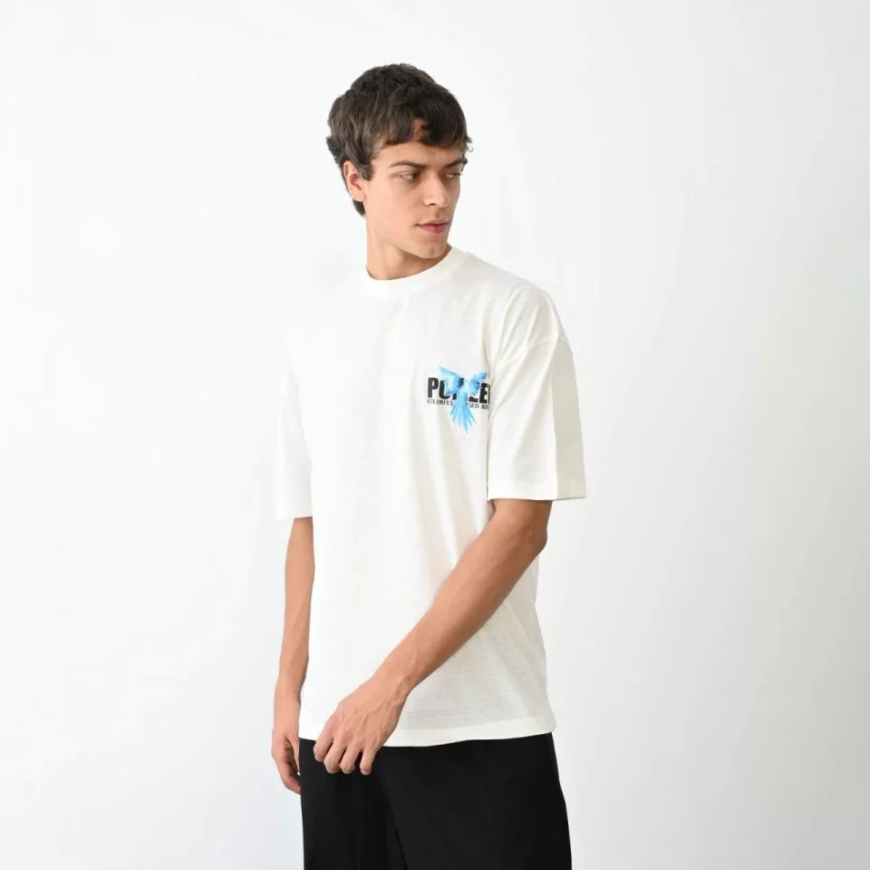 Unisex Bisiklet Yaka Baskılı Oversize T-Shirt - Beyaz (104379)