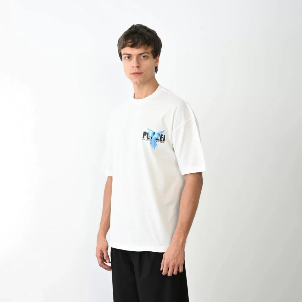 Unisex Bisiklet Yaka Baskılı Oversize T-Shirt - Beyaz (104379)